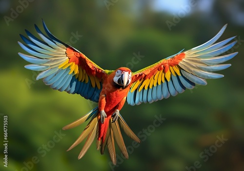 Flying macaw, beautiful bird. © MstSanta