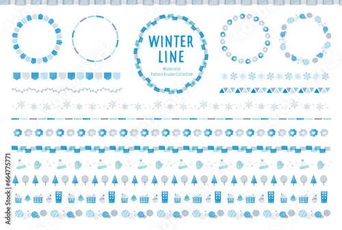 冬の水彩風ラインセット / パターンブラシ有り / 飾り罫、線、イラスト、あしらい、フレーム、素材、自然、冬、雪、結晶