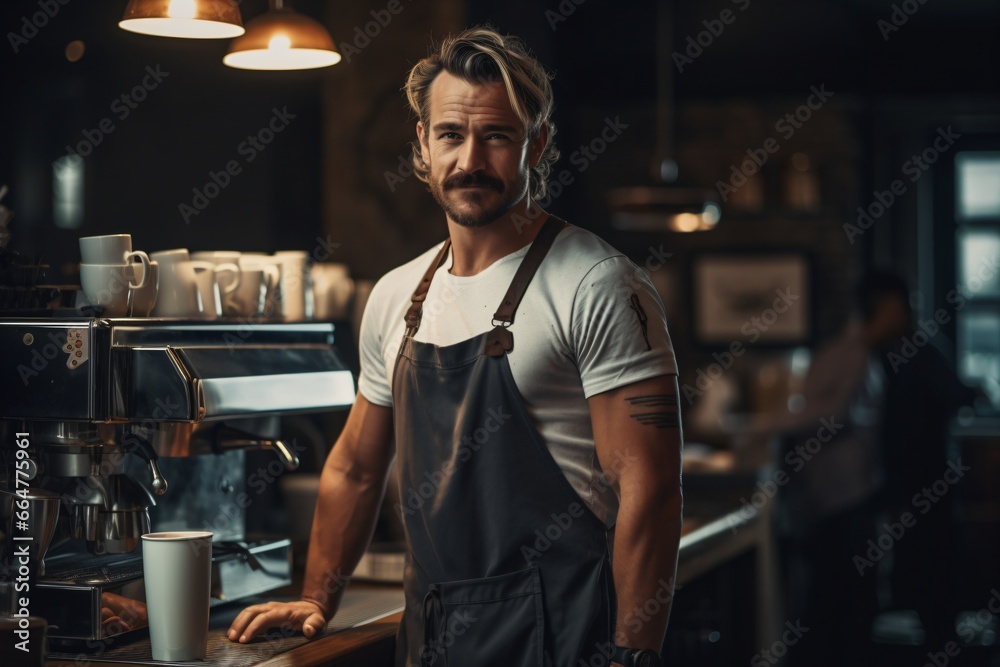 Portrait photography of a barista waiter in the cafe