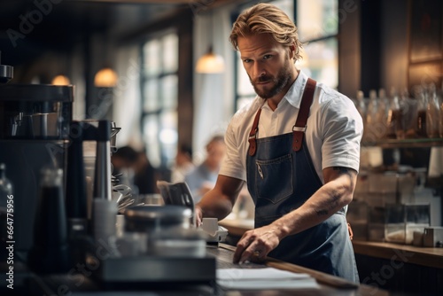 Portrait photography of a barista waiter in the cafe