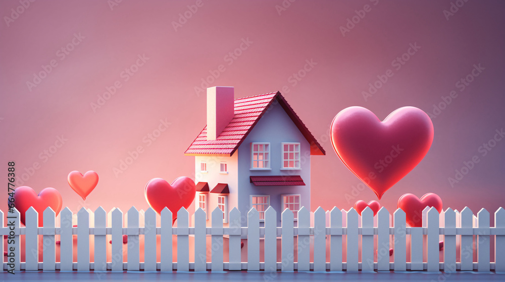 Love heart shaped dollhouse, Valentine's Day romantic love concept illustration