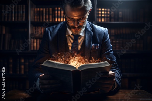 A person gathering knowledge from a magical book in the library photo