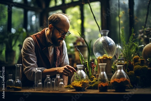 Portrait photography of a botanist working on various plant species