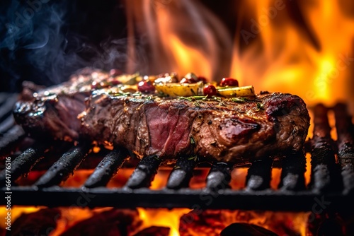 Meat grilling on a charcoal grill with smoke rising..