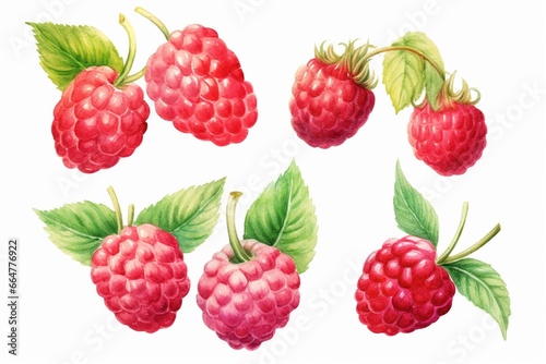 Watercolor illustrations of hand-drawn raspberry set. Generative AI