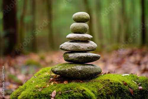 Pyramid stones balance on old mossy fallen tree.