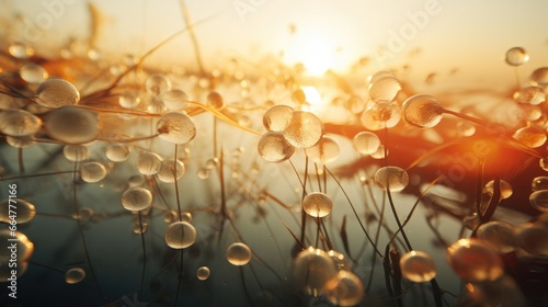 A bunch of water droplets sitting on top of a grass covered field. Generative AI.
