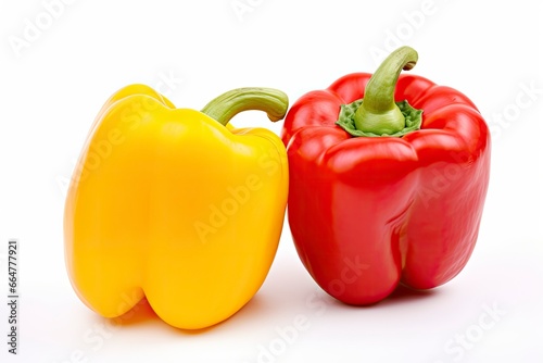 Two bell peppers, a red and a yellow isolated on white background.