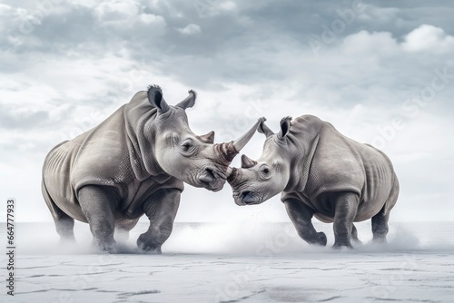 Two Rhinoceros getting ready for fight on Ice.