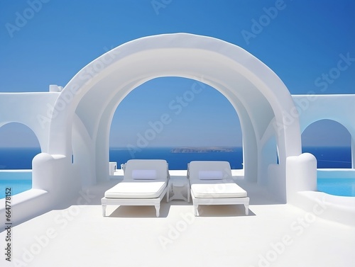 Two sunbeds on the white terrace with an arch under a blue sky generative ai © tanjidvect