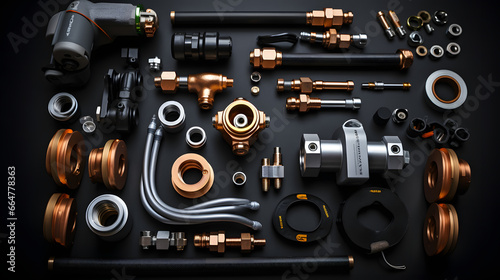 Top view of the plumbing equipment on a black background photo