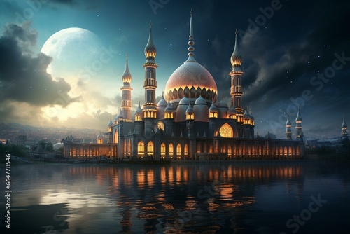 Stunning mosque scenery celebrating Eid, Ramadan, and Jumma. Generative AI