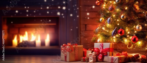 Christmas Home Room, Gift Box Below Tree With Lights And Fireplace. © MstSanta