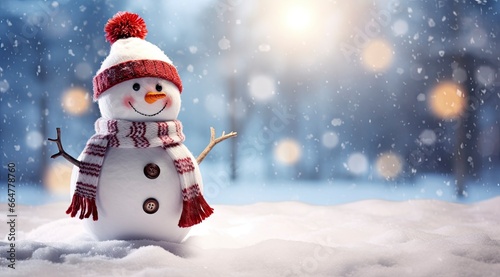 Happy snowman in the winter scenery. © MstSanta