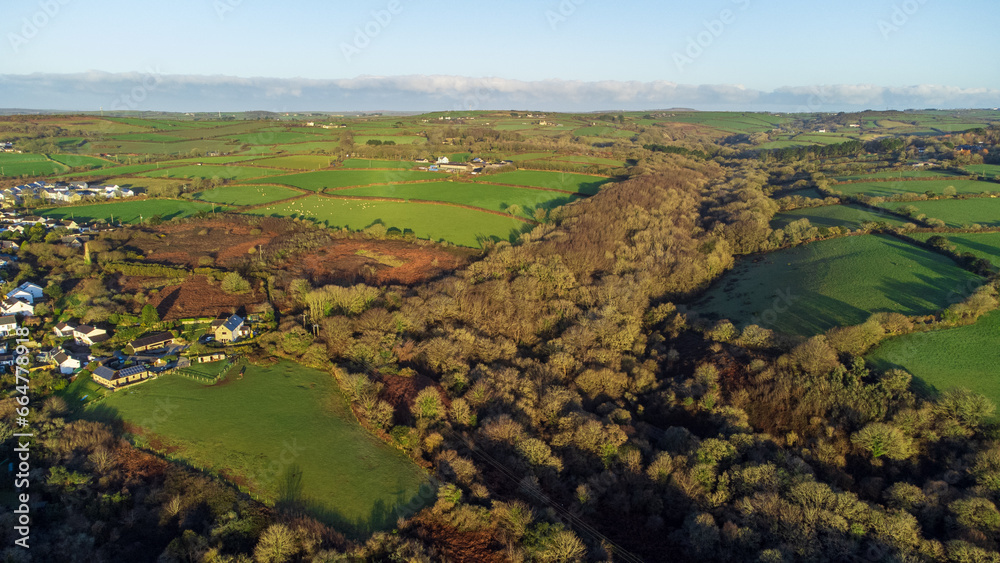 View of woods and fields stretching to the horizon. Cornwall, UK