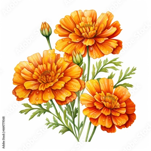 Watercolor autumn marigold flowers with raindrops on white background. © MstSanta