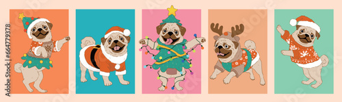 Cartoon pug  dog wearing christmas costume for christmas day illustration Premium Vector	