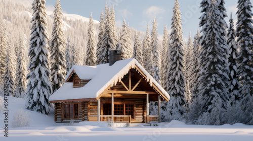 A log cabin in a snowy forest, made of logs and has a chimney and a porch, which features a railing, surrounded by tall trees covered in snow, winter © Florian