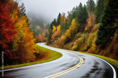 A winding road in a forested area during autumn, double yellow line in the center. The trees on either side of the road are a mix of orange, yellow, and green, autumnal © Florian
