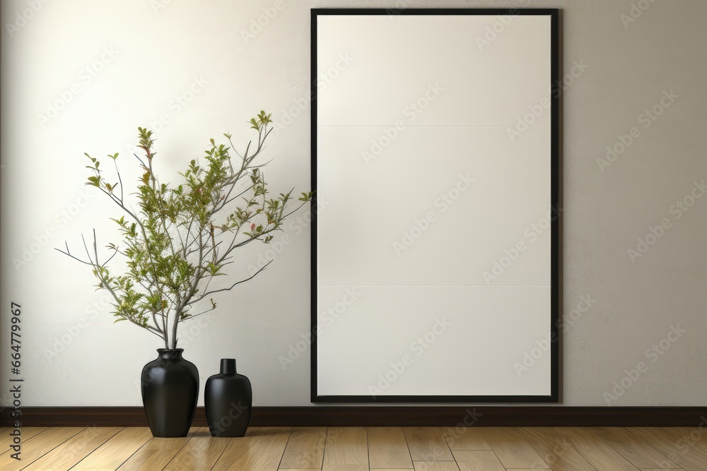 An empty mockup frame is displayed alongside black vases on the floor, providing an uncluttered and visually appealing setting for showcasing artwork or photographs. Photorealistic illustration An empty mockup frame is displayed alongside black vases on the floor, providing an uncluttered and visually appealing setting for showcasing artwork or photographs. Photorealistic illustration