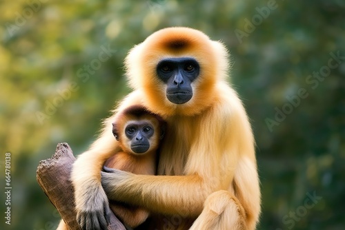 Close image of Cheeked Gibbon monkey mother with a child in the forest.