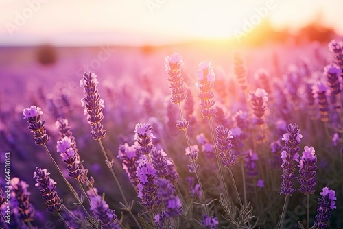 Close up lavender flowers in beautiful field at sunset.