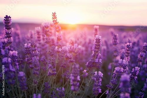 Close up lavender flowers in beautiful field at sunset. © MstSanta