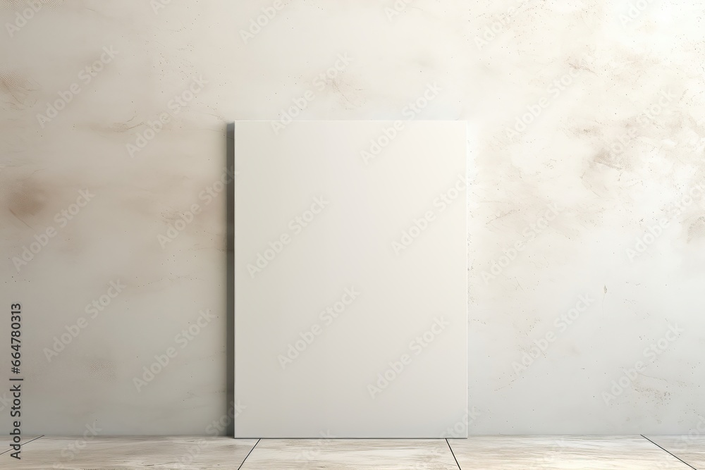 A blank white mockup canvas rests on the floor against a white wall, presenting a minimalist and clean setting for showcasing artwork or photographs. Photorealistic illustration - obrazy, fototapety, plakaty 