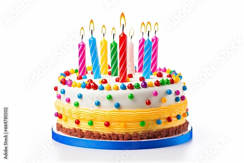 Colourful birthday cake with candles isolated on white background.