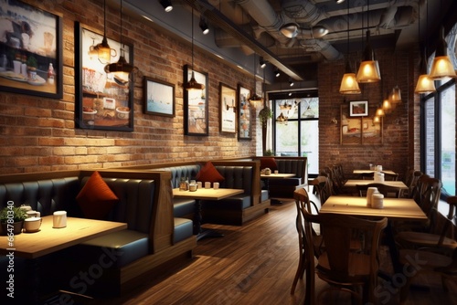 Comfortable and inviting cafe ambiance featuring a brick wall design. Generative AI