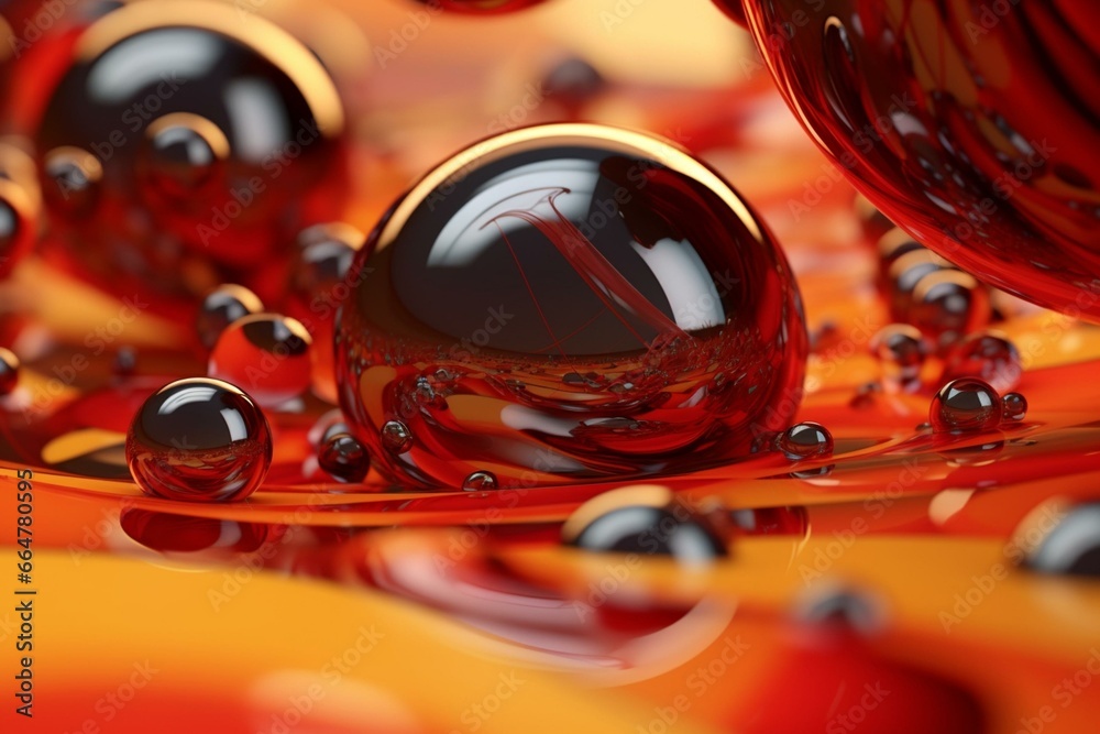 fluid backdrop with crimson and aureate spheres. Generative AI