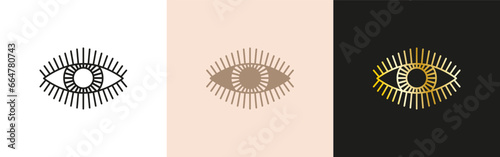 Evil eye icon set. Linear and gold mystic sight symbol	
