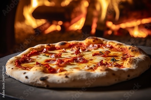 Freshly baked pizza closeup, traditional wood fired oven background. photo