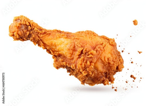Fried chicken leg falling in the air isolated on a white background.