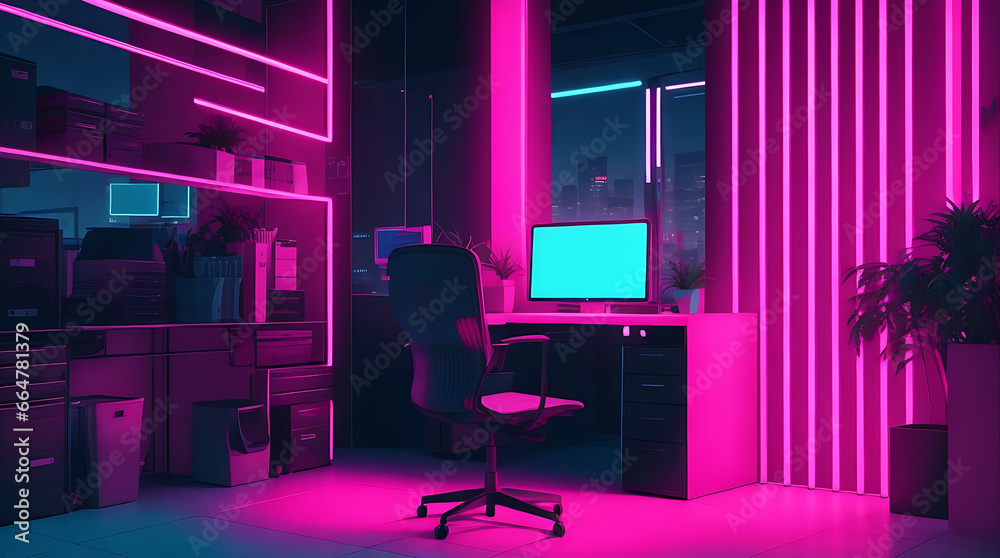 Big neon room/office background, neon lighting. Big neon room/office background, neon lighting.