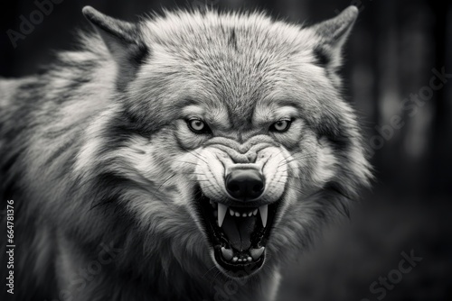 Greyscale closeup shot of an angry wolf with a blurred background. photo