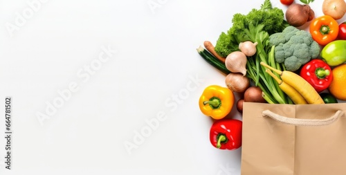 Healthy food in paper bag vegetables and fruits on white background.
