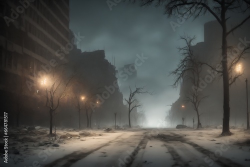 Abandoned city buildings in winter at night. Snow on foggy post apocalyptic town ruins.