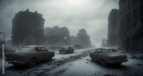 Abandoned city buildings in winter at night. Snow on foggy post apocalyptic town ruins.