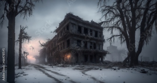 Abandoned city buildings in winter at night. Snow on foggy post apocalyptic town ruins.