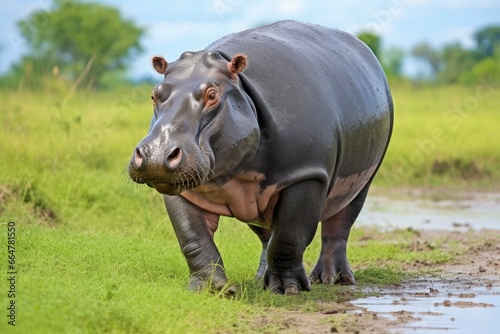 Hippopotamus Walking in a green field. © MstSanta