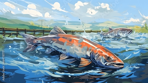 Trout in the pool at the fish farm, illustration. Generative AI. Fish, fishing, animal, aquaculture, pisciculture and mariculture, image photo