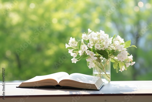 Jasmine flowers in a vase and open book on the table, green natural background.