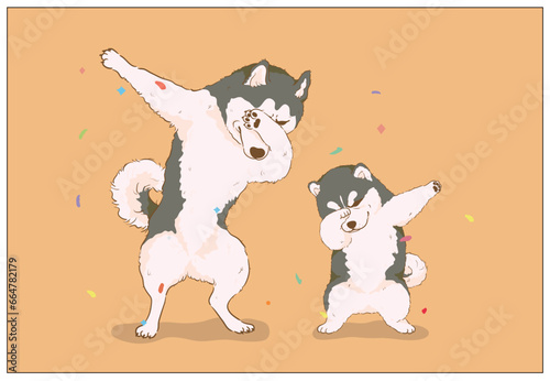 cute husky dog dubbing dance cool cartoon vector ,poster, postcard and cover design	