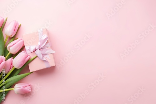 Pink gift box with ribbon bow and bouquet of tulips on isolated pastel pink background. #664782185