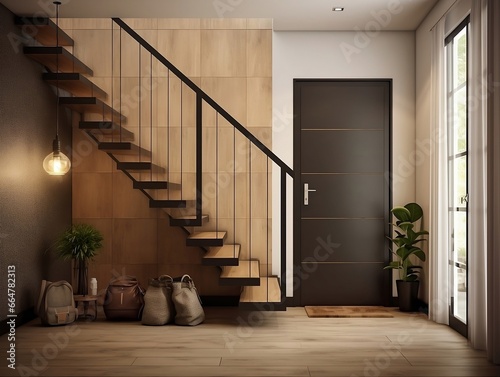 Interior design of modern entrance hall with grid door and staircase generative ai photo