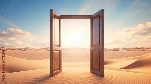 The opened door on the desert. Unknown and start up concept. photo