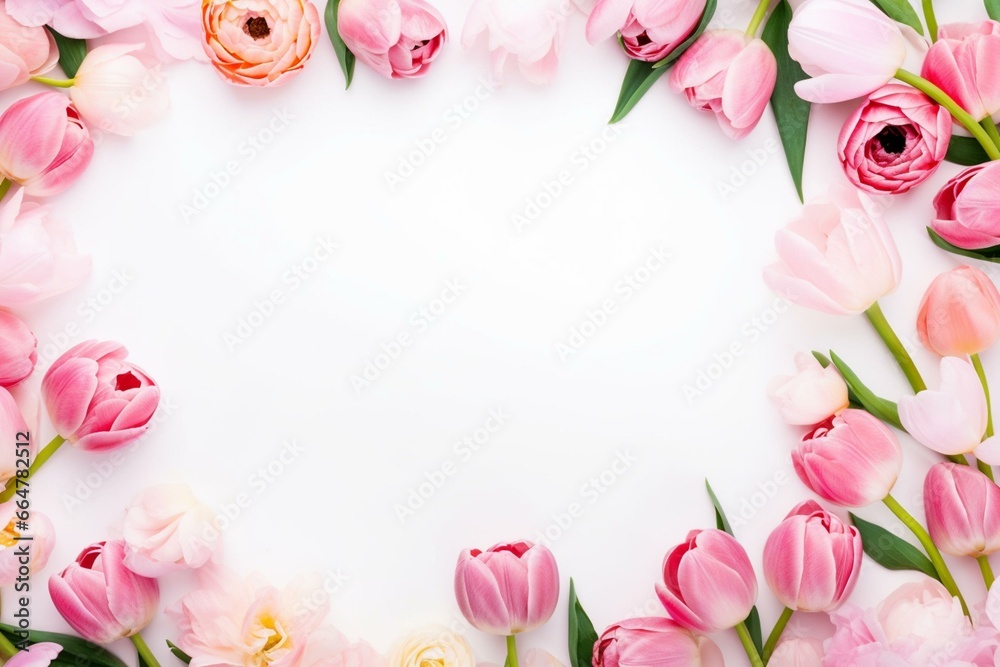 Spring frame with pink ranunculus and tulips. Generative AI