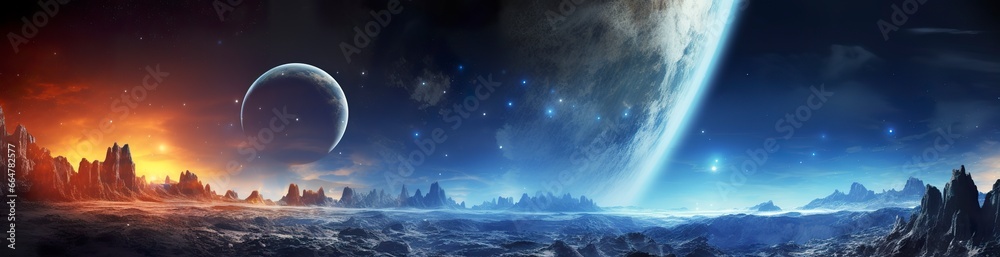 Panorama of distant planet system in space 3D rendering elements.