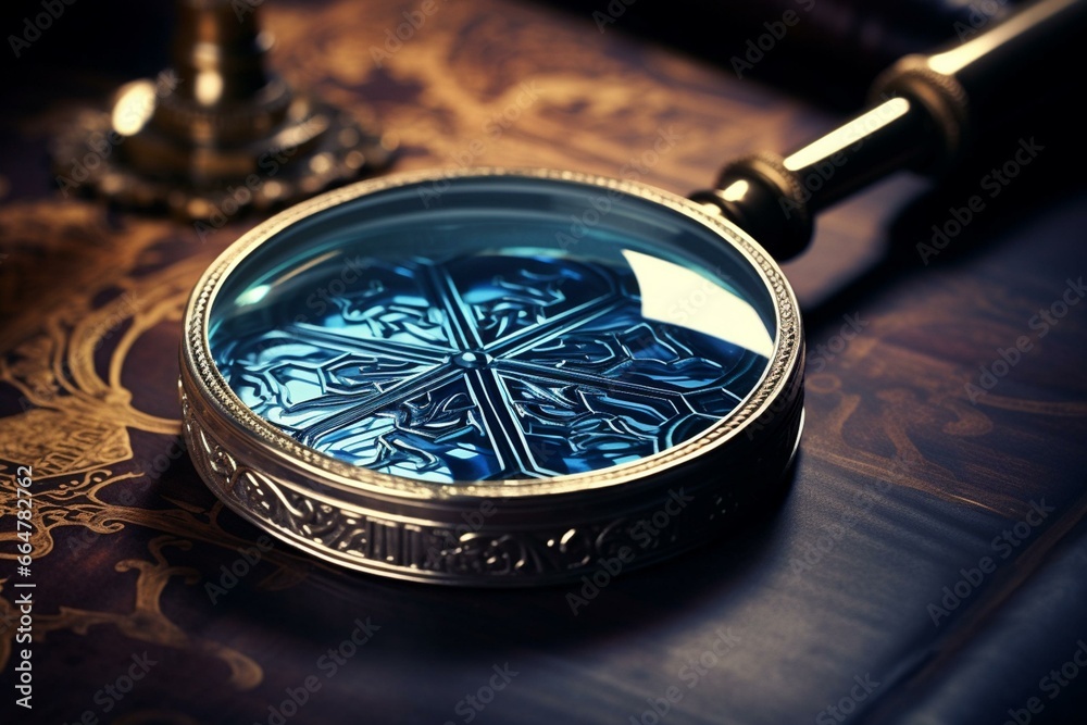 A magnifying glass symbolizes studying and exploring linguistics through analysis, closer examination, and learning. Generative AI - obrazy, fototapety, plakaty 